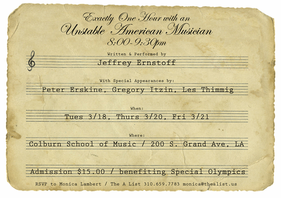 Jeffrey Ernstoff & Guests, Benefit at Colburn School of Music, this Tues, Thurs & Fri