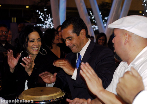 A Photo of Mayor Villaraigosa Jamming On Congas With Sheila E. At LA Live, December 10, 2008