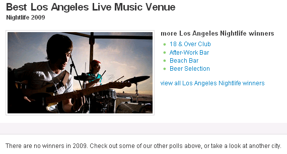 Citysearch Amps Strange Factor in Local "Best Venue 2009" Lists; Declares No Victor in Los Angeles